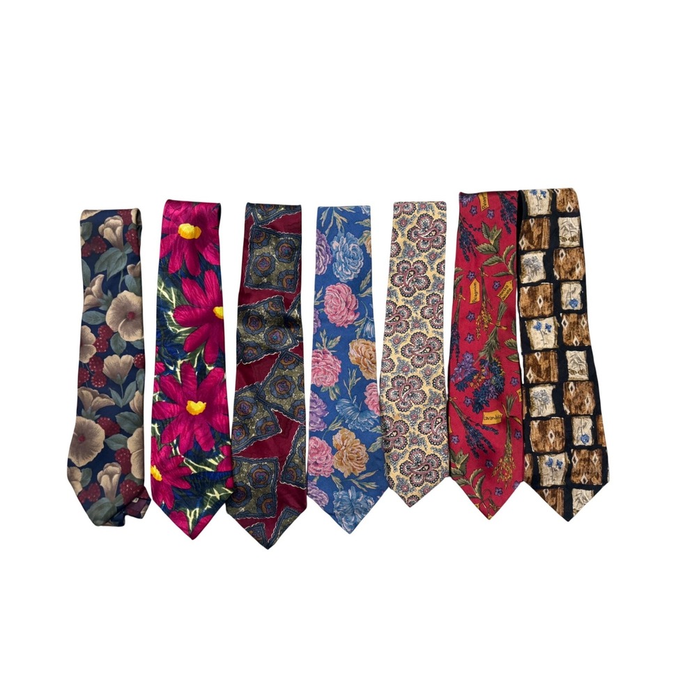 Lot of 7 Vintage Floral Neckties – Spring Cottagecore / Retro Pattern Mix
